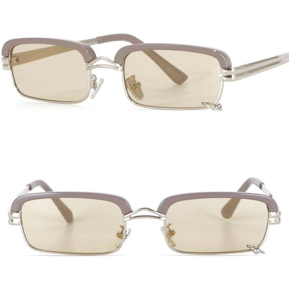 Women's Semi Rimless Rectangle Sunglasses Beige Tint Silver Metal Floral Accent